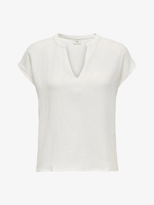 Balta, lengva palaidinė su V formos iškirpte ir trumpomis rankovėmis. Pagaminta iš tekstūruotos, raukšlėtos medžiagos, suteikiančios kasdienišką išvaizdą.