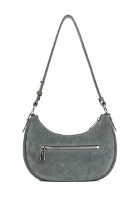Borsa a forma di mezzaluna in morbido suede grigio, con tracolla regolabile e tasca frontale con cerniera orizzontale e hardware in argento.