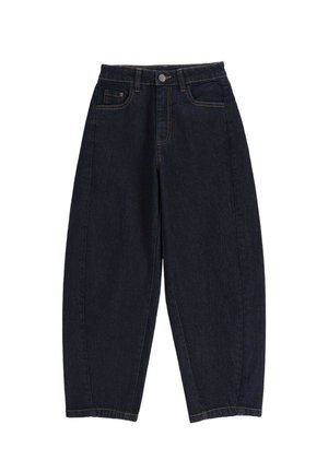 Ciemnoniebieskie szerokie dżinsy z wysokim stanem, zapinane z przodu na guziki i zamek błyskawiczny, z pięcioma kieszeniami, na białym tle.