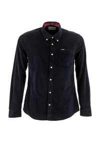Marineblauwe corduroy shirt met lange mouwen, voorzien van een button-down kraag, witte knopen en een geruite binnenkraag. Het shirt heeft een borstzak.