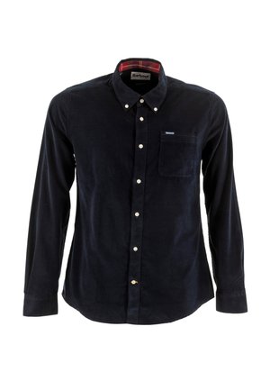 Navy corduroy long-sleeve shirt with a button-down collar, white buttons, and a checkered inner collar. Features a chest pocket.