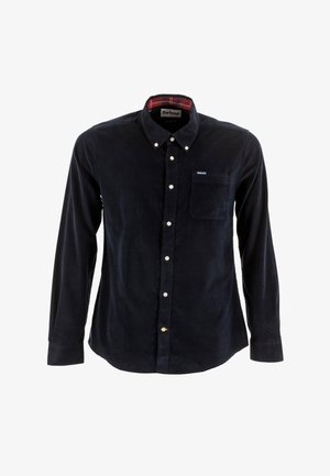 Navy corduroy long-sleeve shirt with a button-down collar, white buttons, and a checkered inner collar. Features a chest pocket.