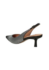 Sandal con tacco alto neri e argento con punta affilata, decorata con strass, e un tacco sottile con superficie testurizzata.