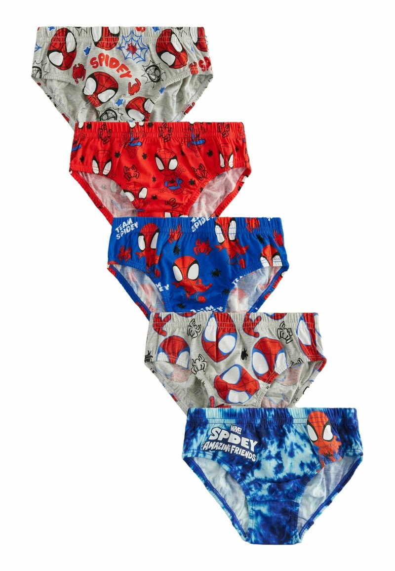 Ensemble de sous-vêtements pour enfants comprenant cinq paires de différentes couleurs : gris, rouge et bleu. Chaque paire présente des imprimés sur le thème de Spider-Man et dispose de ceintures élastiques.