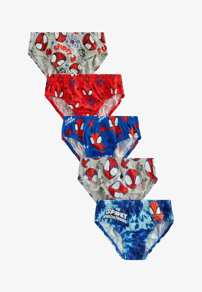 Kinderondergoedset met vijf paar in verschillende kleuren: grijs, rood en blauw. Elk paar heeft prints met het Spider-Man thema en elastische taillebanden.
