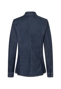 Dark denim jacket, fitted design, long sleeves, back yoke, and visible stitching. Features buttons at the cuffs and a smooth texture.