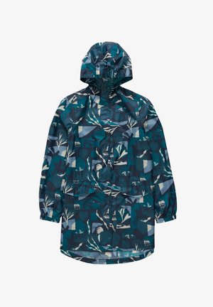 Veekindel jakk, millel on kapuuts, abstraktne tealroheline ja tumesinine lillemuster, nööbid ees ja elastsed mansetid. Materjal on sile ja läikiv.