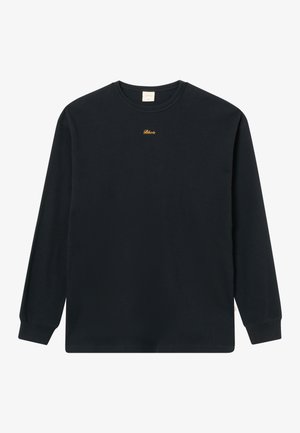 Zwarte lange mouwen wafeltrui met ronde hals, klein gele geborduurd tekst in het midden bij de kraag, op een effen achtergrond.