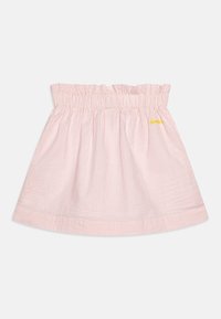 Růžová a bílá sukně s vertikálními pruhy, s elastickým volánkovým pasem a malým žlutým výšivkou vpravo na přední straně.