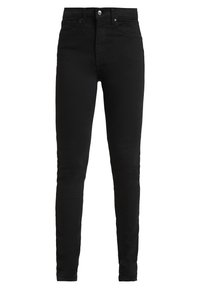 Černé vysoké skinny džíny vyrobené z denimu. Obsahují zapínání na knoflík, dvě přední kapsy a hladký, matný povrch.