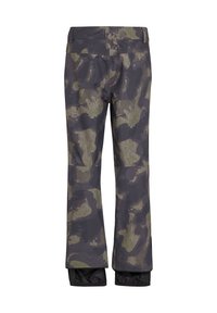 Pantalon droit avec motif camouflage, poignets renforcés en tissu noir, vue arrière montrant des coutures plates et des passants pour ceinture.