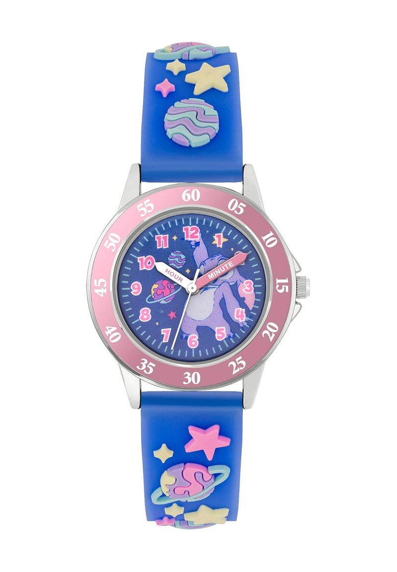 Kleurrijke kinderhorloge met een blauwe siliconestrap met planeten en sterren, en een ronde blauwe wijzerplaat met een eenhoornontwerp.