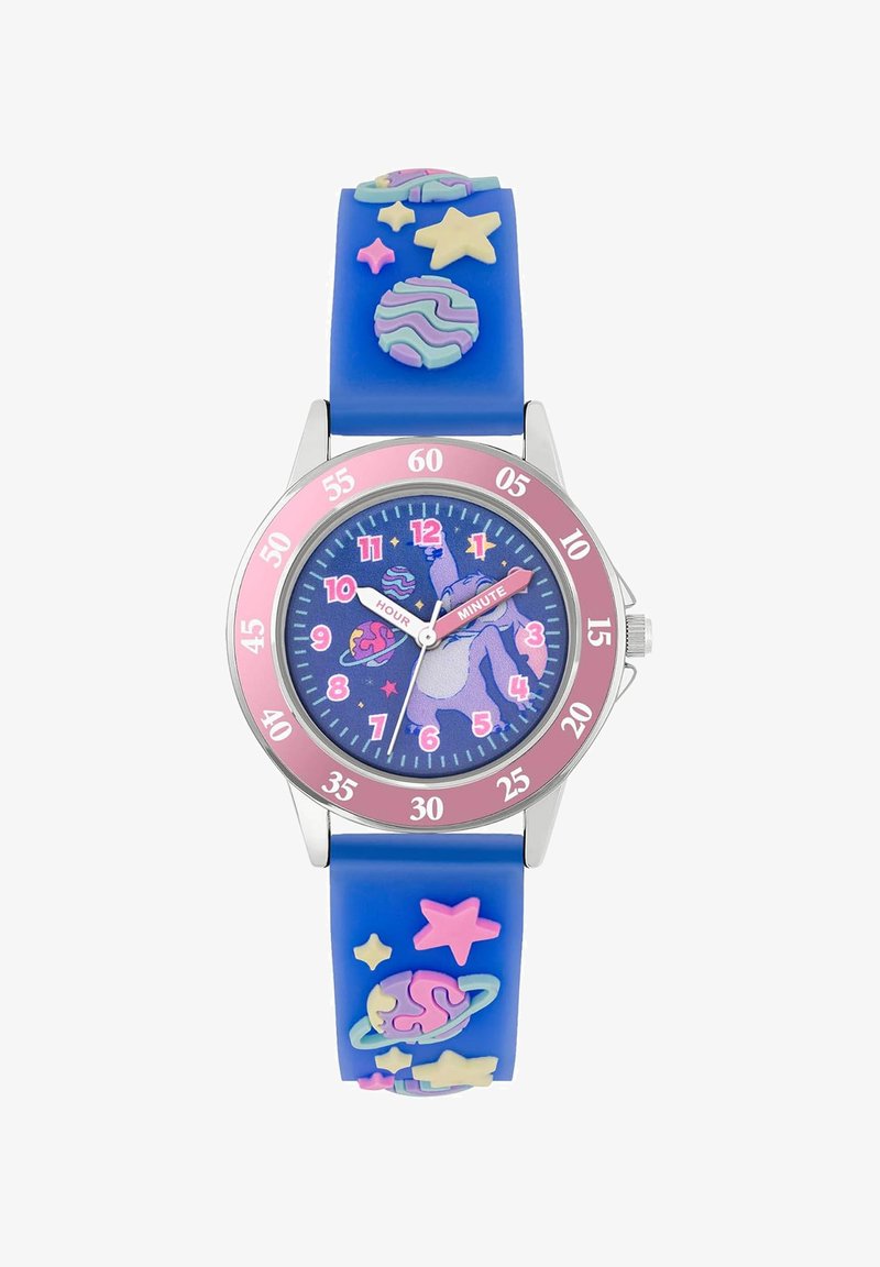 Kleurrijke kinderhorloge met een blauwe siliconestrap met planeten en sterren, en een ronde blauwe wijzerplaat met een eenhoornontwerp.