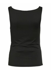 Top senza maniche nero realizzato in tessuto liscio, con scollo rotondo e una silhouette aderente con orlo dritto.