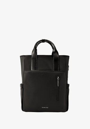 Black tote bag in durable fabric, featuring two top handles, front zip pocket, and subtle logo detailing at the bottom. Smooth texture.
