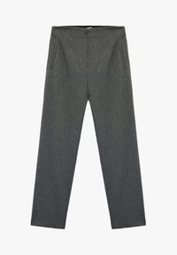 Gray tailored trousers featuring a textured fabric, straight leg design, and two side pockets, with a smooth waistband.