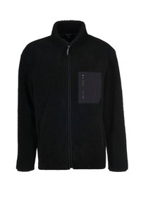 Giacca in pile nera con zip frontale completa, colletto alto e tasca sul petto con zip sul lato sinistro.