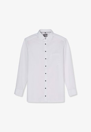 Weißes Herrenhemd mit langen Ärmeln, schwarzen Knöpfen, Brusttasche, Kent-Kragen und geknöpften Manschetten.