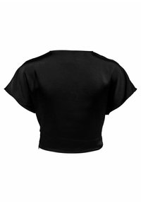 Top corto nero con maniche corte, realizzato in tessuto morbido. Presenta un design semplice, scollo tondo e nessun tipo di chiusura visibile.