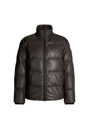 Bruine leren pufferjack met een hoge kraag, ritssluiting en een quiltpatroon; inclusief elastische manchetten en twee zijzakken.