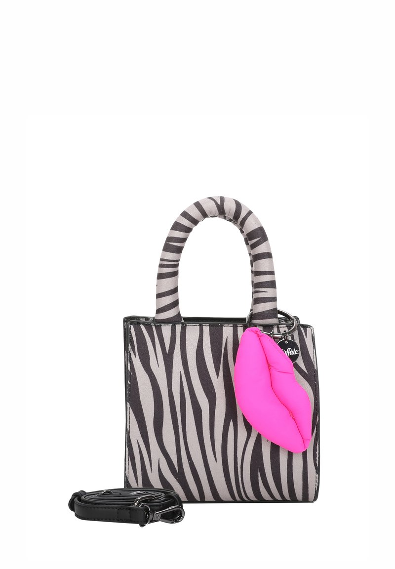 Borsa a tracolla con motivo zebra in tessuto nero e grigio con un accento a forma di labbra rosa. Presenta manici doppi e una tracolla regolabile.