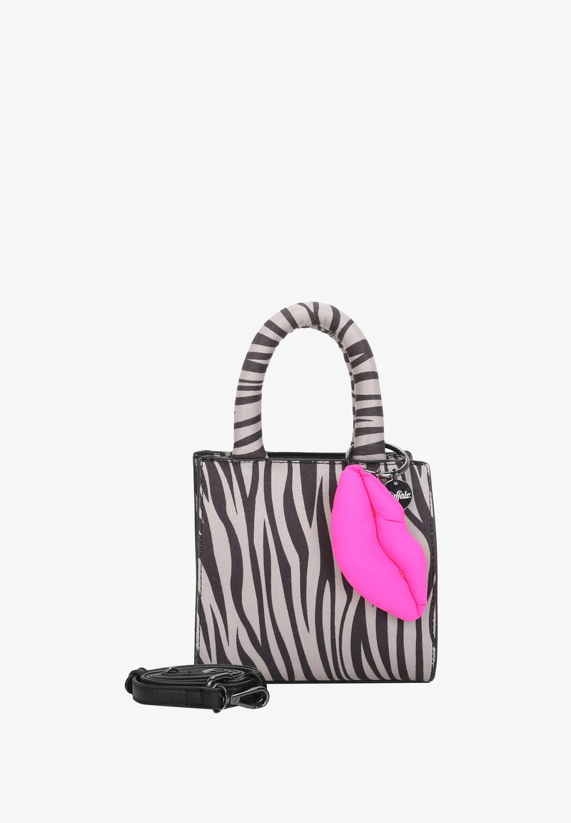 Borsa a tracolla con motivo zebra in tessuto nero e grigio con un accento a forma di labbra rosa. Presenta manici doppi e una tracolla regolabile.