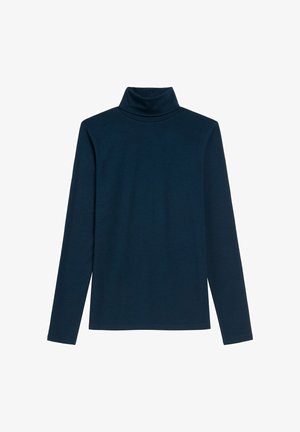 Granatowa, długorękawowa koszulka z golfem o dopasowanym kroju, bez widocznych wzorów ani logo, na białym tle.