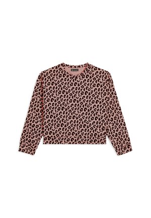 Top cropped à manches longues de couleur rose avec des motifs de léopard noirs. Fabriqué en matériau doux, il présente un col rond et des poignets standard.