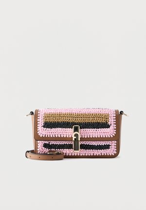 Rectangular brown leather crossbody bag with pink, black, and tan woven detailing and a gold-tone clasp on a white background.
