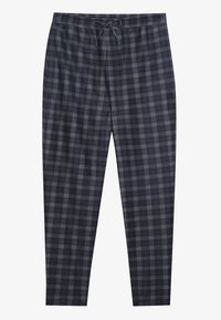 Pantalons à carreaux noirs et gris pour hommes, avec une taille élastique à cordon, un tissu doux, des jambes fuselées et un motif en tartan sur toute la surface.