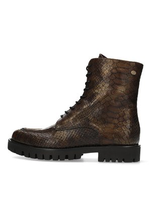 Brown patterned leather ankle boot with a textured, reptile-like finish, lace closure, and a rugged black sole.