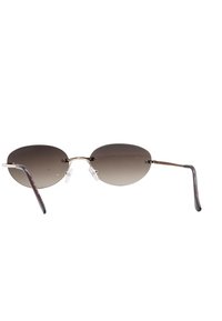 Occhiali da sole di forma ovale con lenti marroni sfumate, montatura metallica sottile e templi con accenti neri. Naselli trasparenti per il comfort.