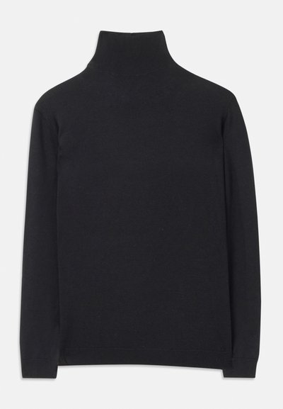 Schwarzer Rollkragenpullover aus weichem Material. Mit langen Ärmeln, einem hohen Kragen und gerippten Bündchen und Saum für einen figurbetonten Look.