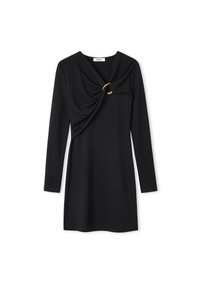 Zwarte jurk met lange mouwen en een gedrapeerd voorpaneel, voorzien van een gele accent bij de halslijn. Gemaakt van een gladde, rekbare stof.