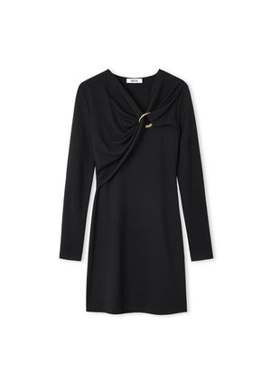 Schwarzes langärmliges Kleid mit einem drapierten Vorderteil, das einen gelben Akzent am Ausschnitt aufweist. Hergestellt aus glattem, elastischem Stoff.