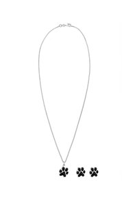 Silverhalsband med hänge i form av ett svart tassavtryck och matchande örhängen med studdesign, med en slät finish och enkelt spänne.