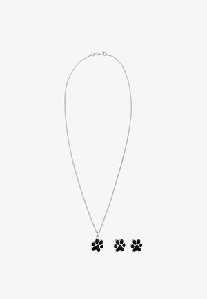 Silver necklace with a black paw print pendant and matching stud earrings, featuring a smooth finish and simple clasp design.