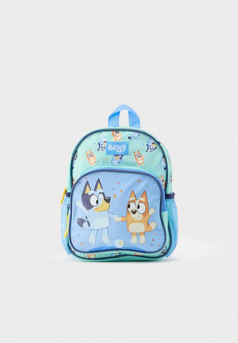 Zaino per bambini azzurro chiaro con cani animati, chiusura con cerniera, tasche laterali in rete e un design divertente e colorato con motivi a coriandoli.