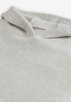 Light gray sweater made of soft, knit fabric. Features a folded collar and ribbed detailing along the edges, with a smooth texture.