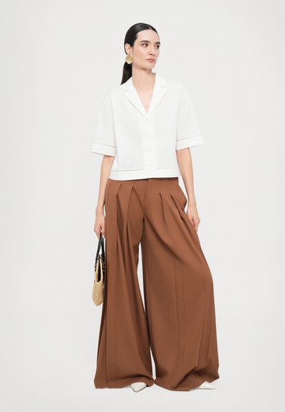 White cropped button-up shirt with short sleeves, paired with high-waisted brown wide-leg trousers. Accessories include a small bag.