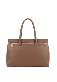 Borsa a tracolla in pelle marrone con una forma strutturata, doppi manici e chiusura con zip superiore. Presenta una superficie liscia e accessori in tonalità oro.