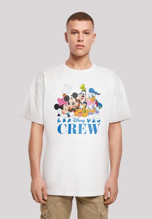 White cotton t-shirt featuring cartoon graphics of Disney characters and "Disney CREW" text in blue, short sleeves, and a relaxed fit.