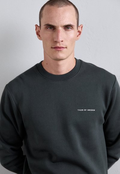 Dark green sweatshirt made of soft fabric, featuring a crew neck and white text "TIGER OF SWEDEN" on the chest, with a smooth texture.