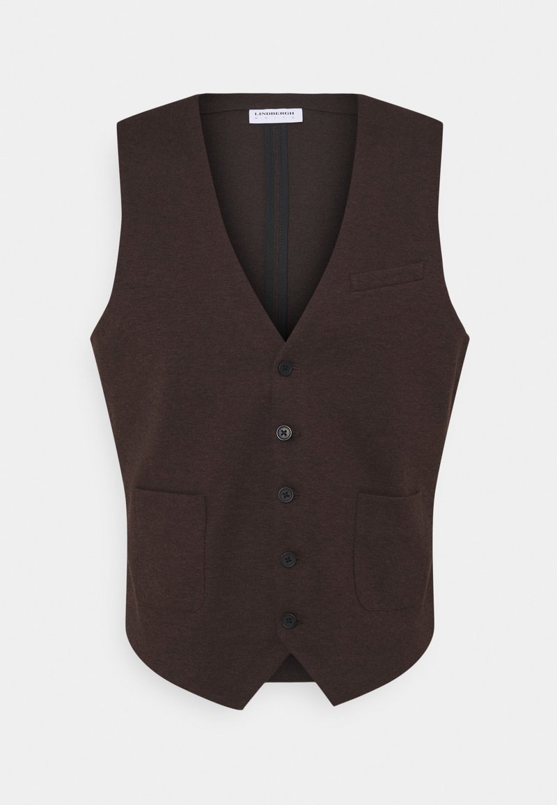 Brown, sleeveless vest with a V-neck design, five black buttons, two front pockets, and a small pocket on the chest. Smooth texture.