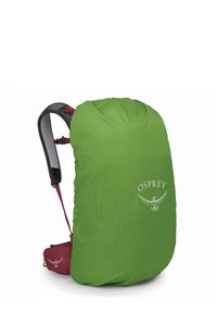 Groene waterdichte rugzakhoes met Osprey-logo, voorzien van elastische randen, een afneembare harnas en een levendige kleur voor zichtbaarheid.