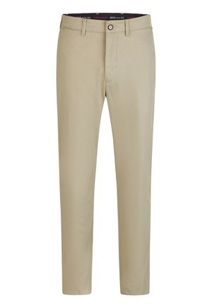 Beige gerade Hose mit Gürtelschlaufen, Knopfverschluss und Reißverschluss aus glattem Stoff.