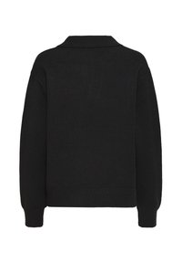 Juodas megztinis su apykakle, ilgomis rankovėmis ir banguota apačia. Nugarinė dalis pasižymi lygiu paviršiumi ir paprastu, minimalistiniu dizainu.