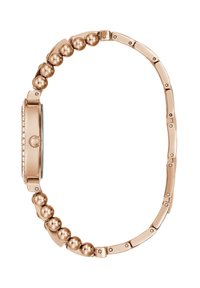 Orologio da polso in oro rosa con cassa rotonda, decorato con piccole pietre. Presenta un bracciale a maglie con sezioni sferiche a contrasto e texture liscia.