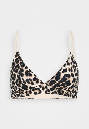 Leopard-print bralette made of soft fabric, featuring a plunging front, thin straps, and a stretchy band for comfort.