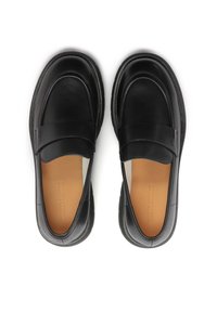 Black leather loafers featuring a sleek design, rounded toes, and a comfortable cushioned insole. The sole is slightly textured for grip.